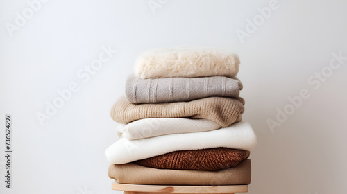 Stack of warm neutral beige clothes on wooden stool over white wall.