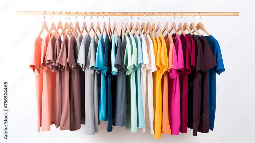 Women's casual clothes in soft pastel colors on hanger on a stand, hanger. T-shirts, shirts, blouses pink, blue, white.