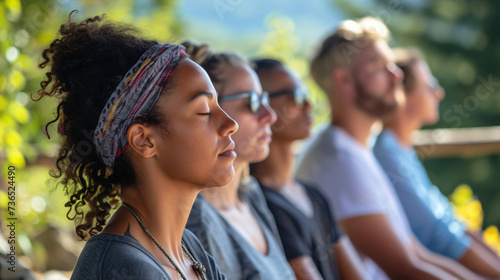 Group of diverse individuals enjoying a serene and peaceful meditation retreat, finding inner calm and rejuvenation amidst nature's beauty.