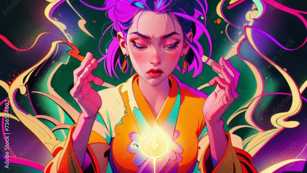 Wise woman meditating in astral energy. Seamless loop spiritual background. Anime style Wise woman meditating in astral energy. Seamless loop spiritual background. Anime style
