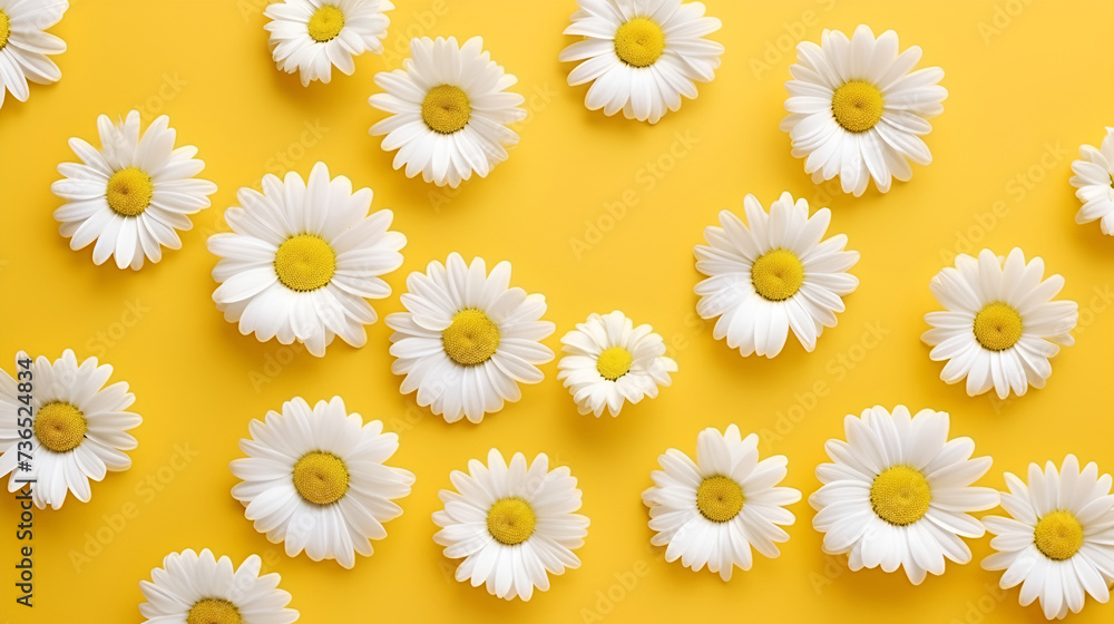 Yellow background with chamomile pattern. Flat layer, top view.