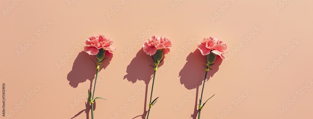 Carnation flowers against a clean, light peach background, offering ample copy space for text, in a top-down view, with soft tones that exude sophistication.
