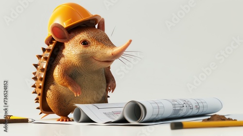 A delightful 3D armadillo adorned in a hard hat takes on the role of an architect, holding blueprints while showcasing a charming smile. Perfect for showcasing creativity, planning, and dete photo