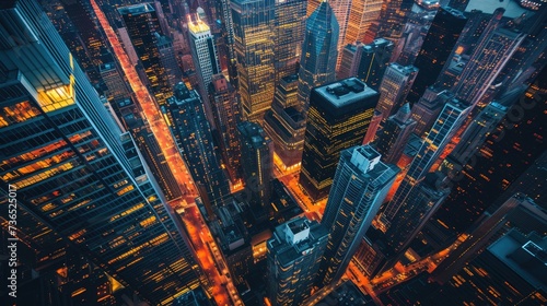 Bird's eye view of city panoramic landscape at night with huge buildings
