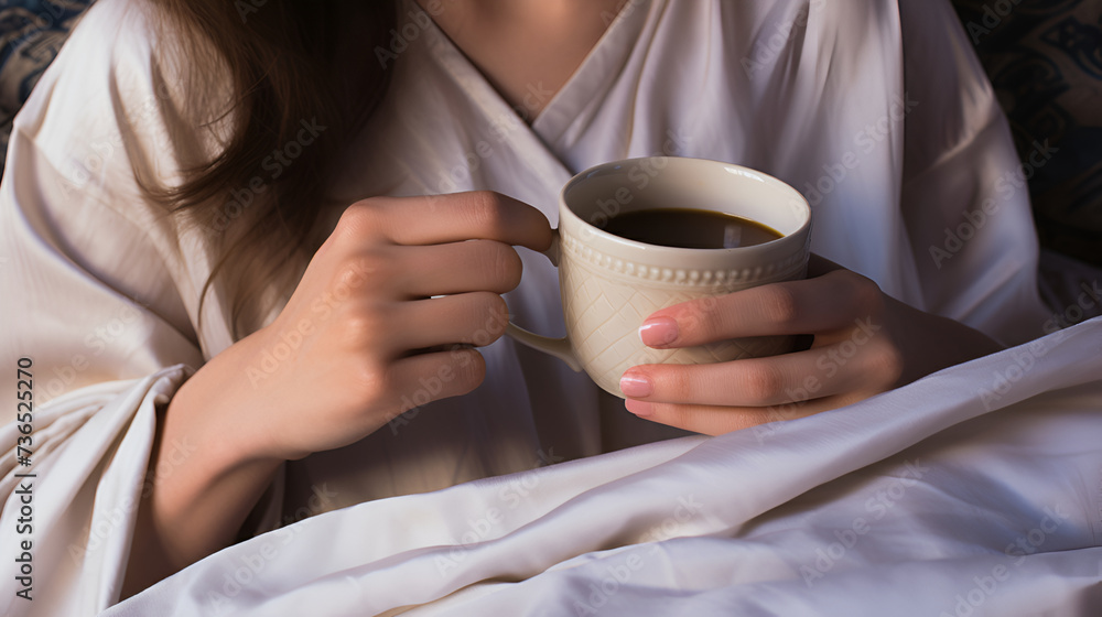 Cup with coffee in the woman's hands.