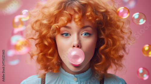Girl blows a bubble from bubble gum on a bright vibrant background photo