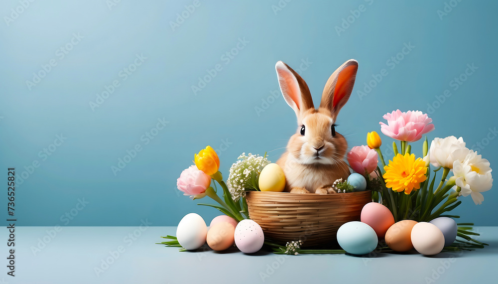 Fototapeta premium Cute Easter bunny with basket of eggs and flowers on blue background