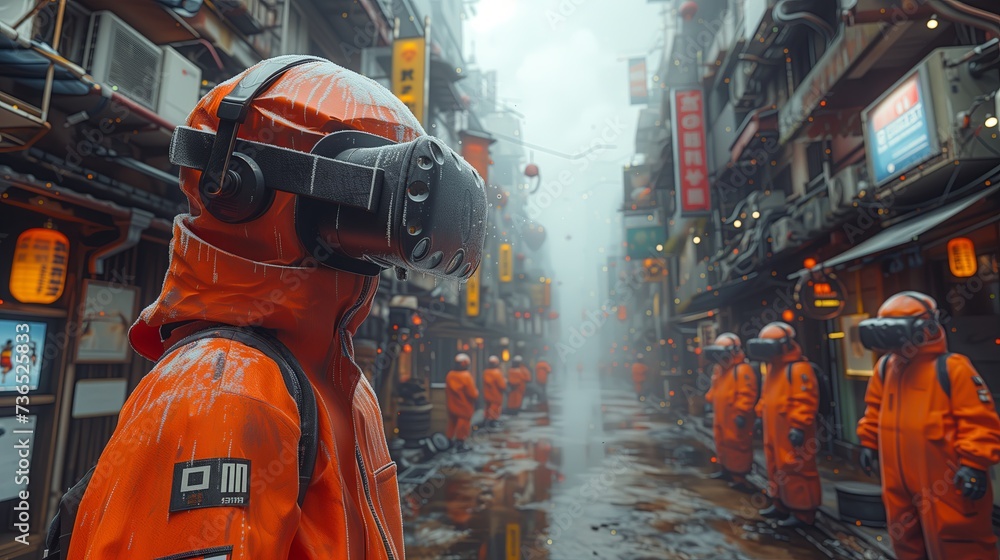 A person in VR headset strolling through urban setting