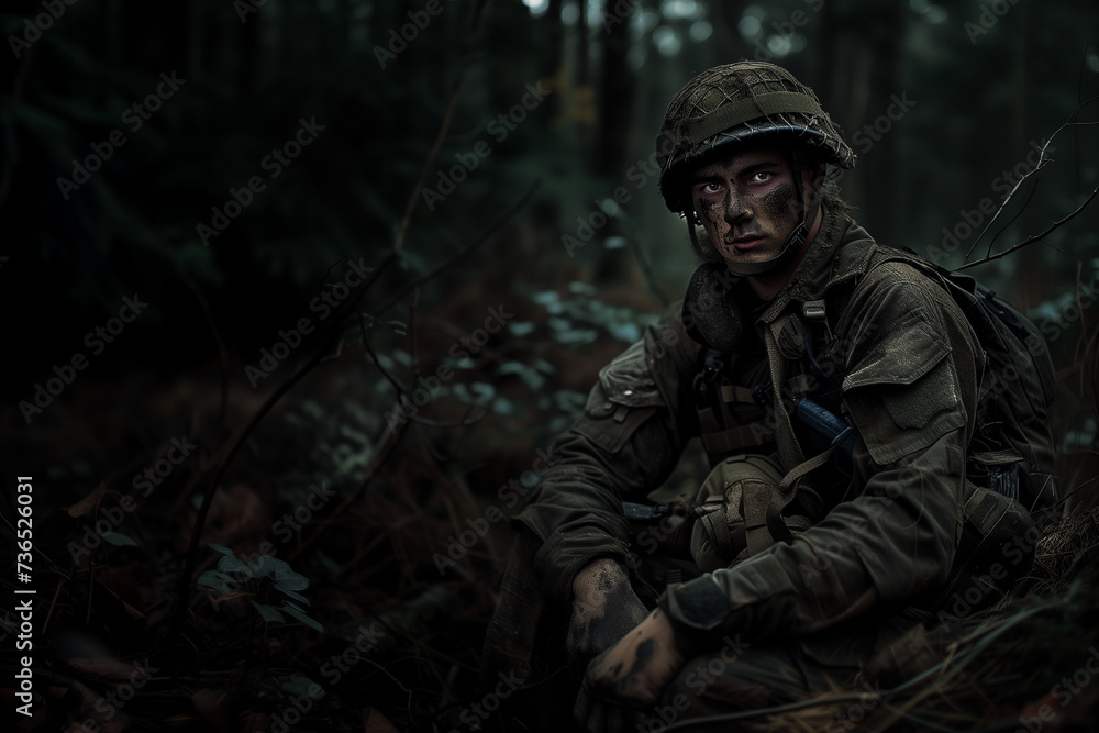 soldat homme dans la forêt de nuit en tenue de combat et de camouflage avec un maquillage de camouflage sur le visage Espace négatif pour texte copyspace