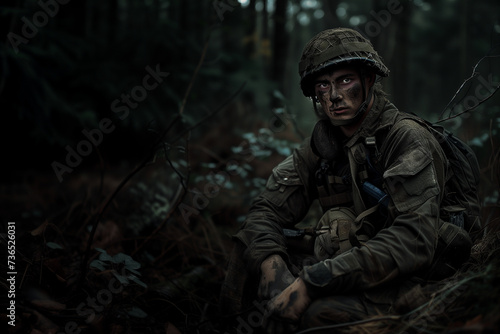 soldat homme dans la forêt de nuit en tenue de combat et de camouflage avec un maquillage de camouflage sur le visage Espace négatif pour texte copyspace
