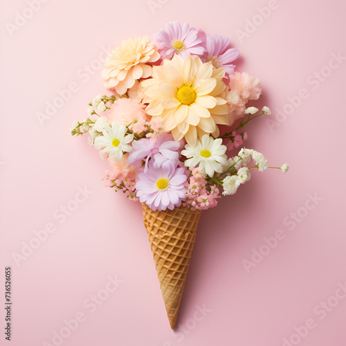 waffle sweet cone with blossom flowers over pastel light pink background, top view.
