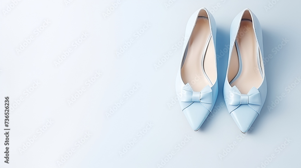 Pale blue female shoes on white background.