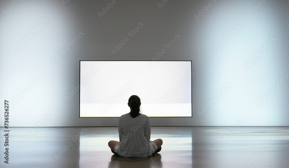 Mock-up grand écran de télévision blanc. Femme assise au sol dans une pièce vide sans meuble et sans personne. Isolement des gens avec le numérique. - obrazy, fototapety, plakaty 