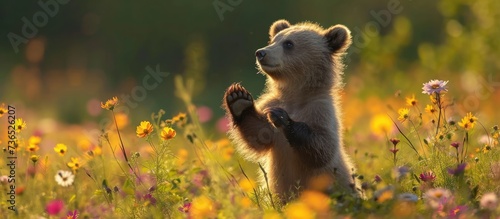 Ursus arctos bear cub playing in a flower-filled field, standing on hind legs. Bog flowers in summer.