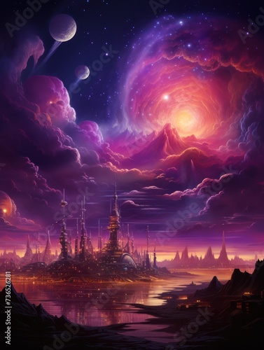 A purple sky filled with clouds and planets.