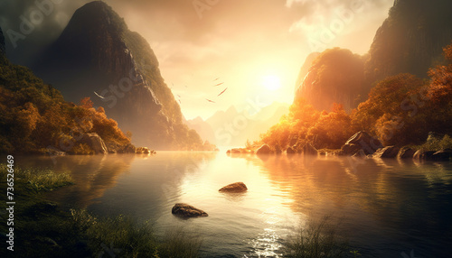 Sunset over the tranquil mountain peak  reflecting in the calm water generated by AI