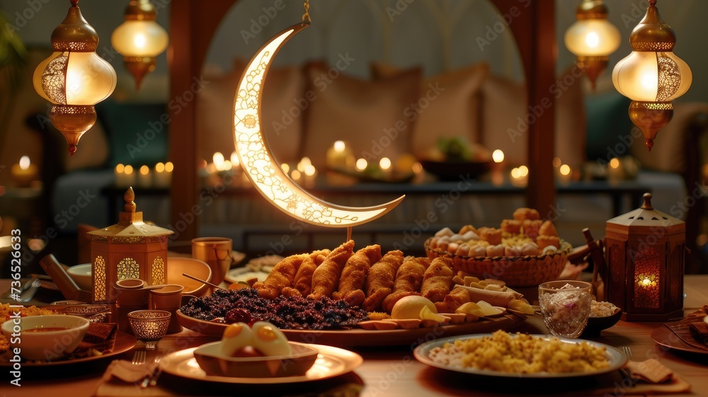 traditional Ramadan Iftar food against the backdrop of a serene moonlit sky, capturing the essence of the joyous celebration.