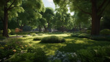 Tranquil scene  Sunlight bathes green landscape, blossoming flowers, and meadows generated by AI