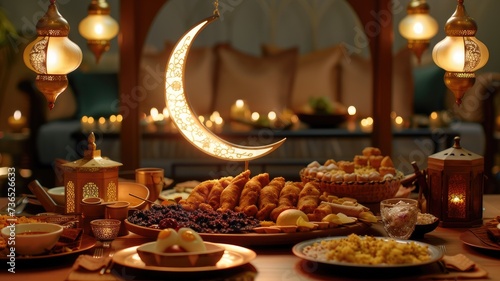 traditional Ramadan Iftar food against the backdrop of a serene moonlit sky  capturing the essence of the joyous celebration.
