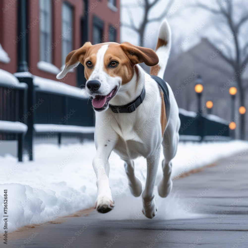 The dog breed American Foxhound in a snowy city streets. Generative AI The dog breed American Foxhound in a snowy city streets. Generative AI