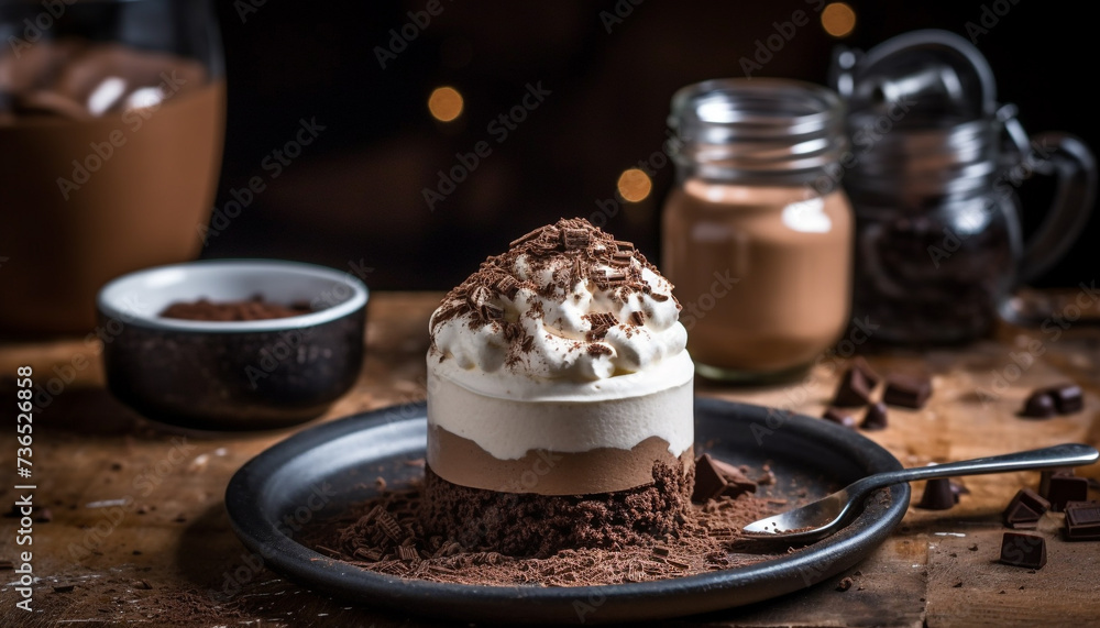Indulgent homemade dessert  dark chocolate brownie with whipped cream generated by AI