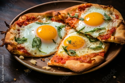 Aromatic Pizza fried egg. Food table. Generate Ai