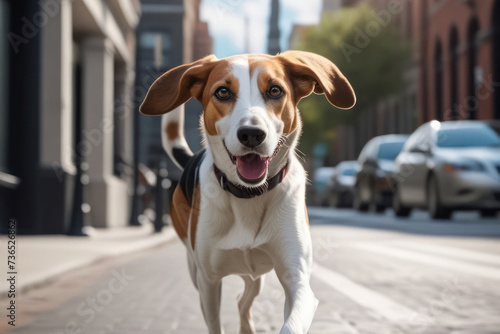The dog breed American Foxhound in a snowy city streets. Generative AI