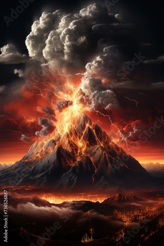 The dramatic scene of a volcano rising amidst the clouds in the sky.