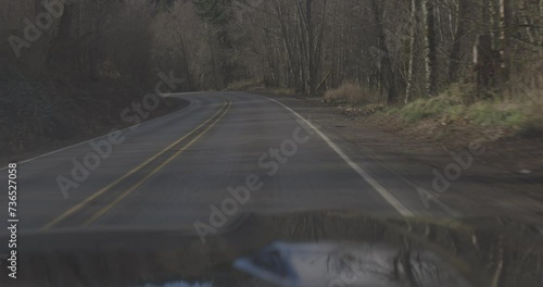 Ungraded 4k footage driving on a rural mountain road through a forest of evergreen and deciduous trees on a sunny winter morning in Washington State.