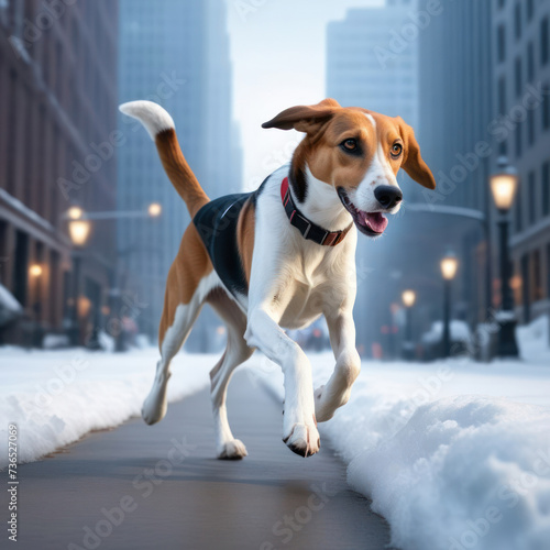The dog breed American Foxhound in a snowy city streets. Generative AI