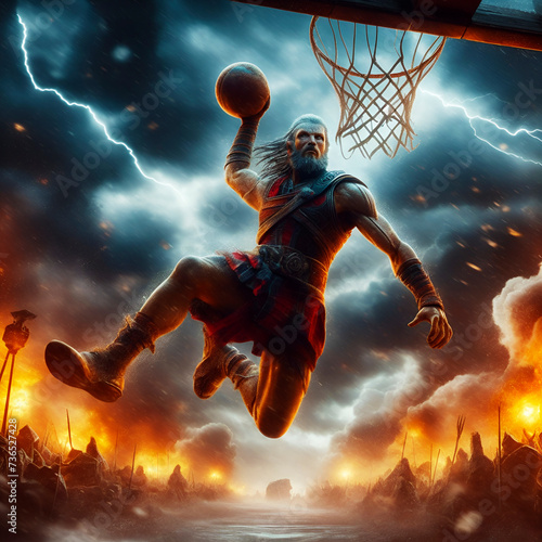 Fantastic basketball player slam dunk the ball into basket. Fantasy scene with fire, flame, smoke and explosion, background is snow, thunderbolt, flashlight and blizzard. Wallpaper and Wall Art photo