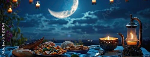 traditional Ramadan Iftar food against the backdrop of a serene moonlit sky, capturing the essence of the joyous celebration.