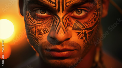 Maori man with traditional moko facial tattoos against the rising sun