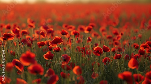 A mesmerizing  breathtaking view of a poppy field in full bloom  where vibrant red flowers dance gracefully in the soft  soothing embrace of a gentle breeze. This seamless texture captures t