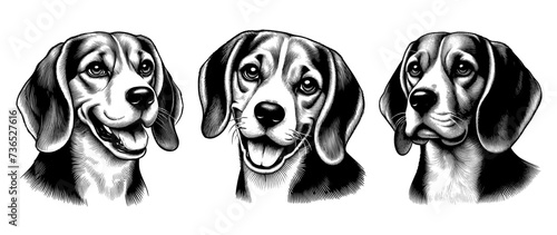 Set of 3 Beagle heads. Hand Drawn Pen and Ink. Vector Isolated in White.	Engraving vintage style illustration for print, tattoo, t-shirt, coloring book