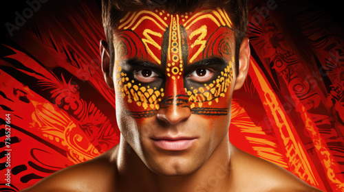 Maori man with traditional moko facial tattoos against the rising sun