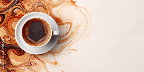 White cup with coffee on a light background, top view, copy space 