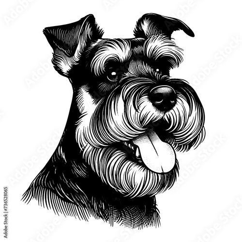 Happy Schnauzer portrait. Hand Drawn Pen and Ink. Vector Isolated in White. Engraving vintage style illustration for print, tattoo, t-shirt, coloring book