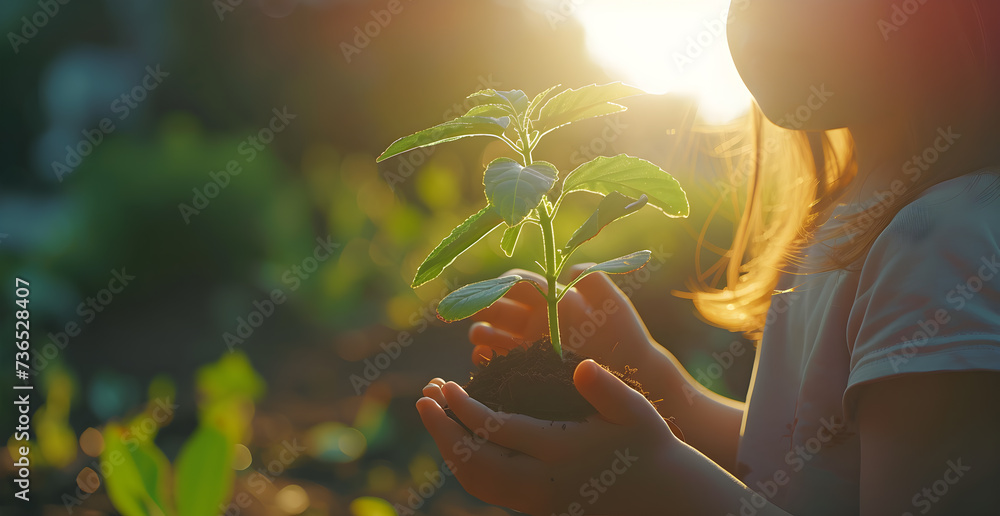 hand children holding young plant with sunlight on green nature ...