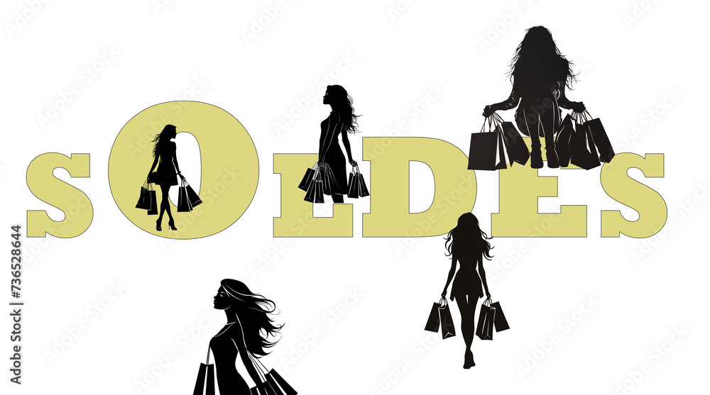 Le mot "SOLDES" écrit en français avec des silhouettes noires de femmes portant des sacs de courses. Période de soldes, de promo, Black Friday. - obrazy, fototapety, plakaty 
