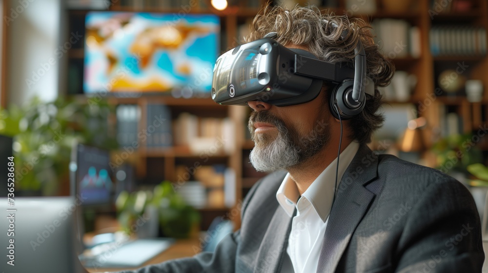 A man in formal wear is donning a virtual reality helmet A man in formal wear is donning a virtual reality helmet