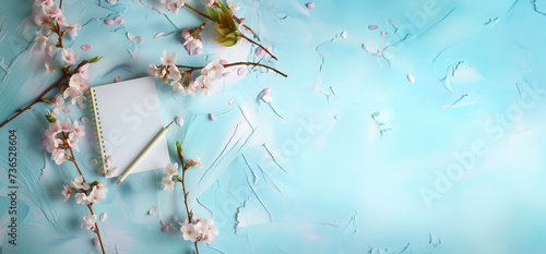 cahier ou bloc-notes, mock-up, avec des branches de fleurs de cerisier autour, sur un fond texturé à la peinture, bleu clair et blanc avec espace négatif pour texte, copyspace photo