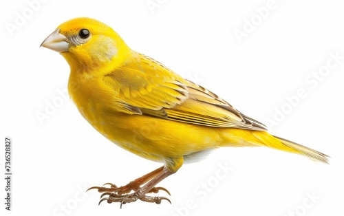 Close-up of a bright yellow canary in profile against a white background, showcasing its delicate features and vibrant plumage.