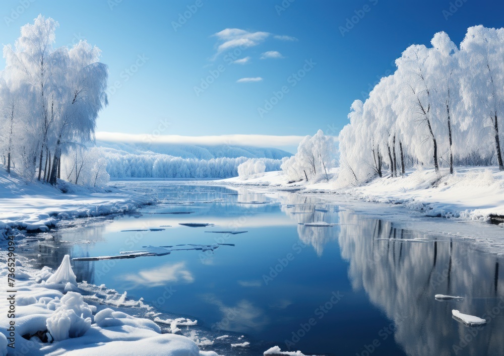 A river covered in ice and snow, creating a wintry landscape.