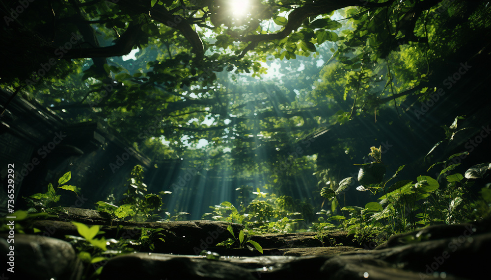 Fototapeta premium Tranquil scene green forest, sunlight, water, animals in the wild generated by AI
