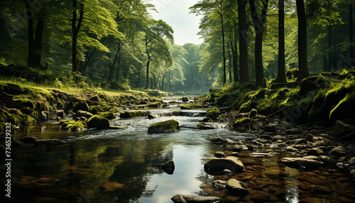 Tranquil scene of a wet forest  with flowing water and green leaves generated by AI