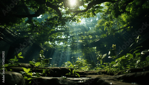 Tranquil scene green forest, sunlight, water, animals in the wild generated by AI