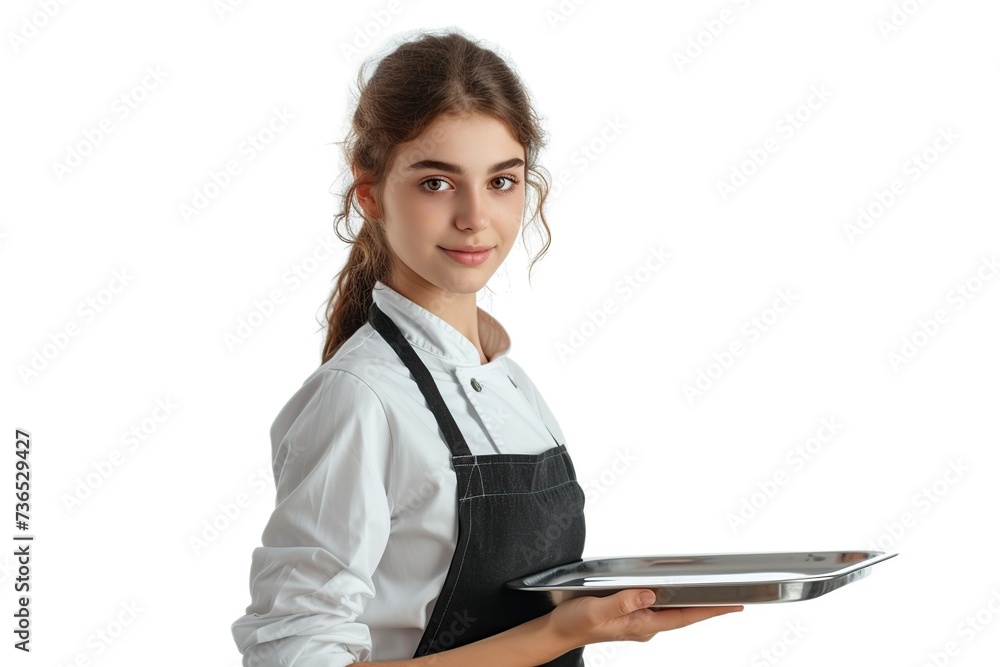 Beautiful woman waitress in apron holding tray on white background Beautiful woman waitress in apron holding tray on white background