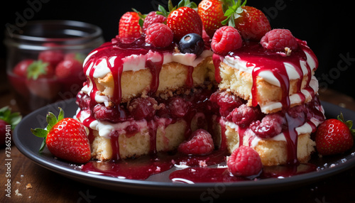 Freshness and sweetness on a plate, homemade berry dessert indulgence generated by AI