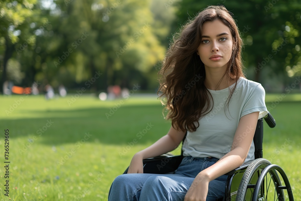 Young woman in wheelchair in the park Young woman in wheelchair in the park